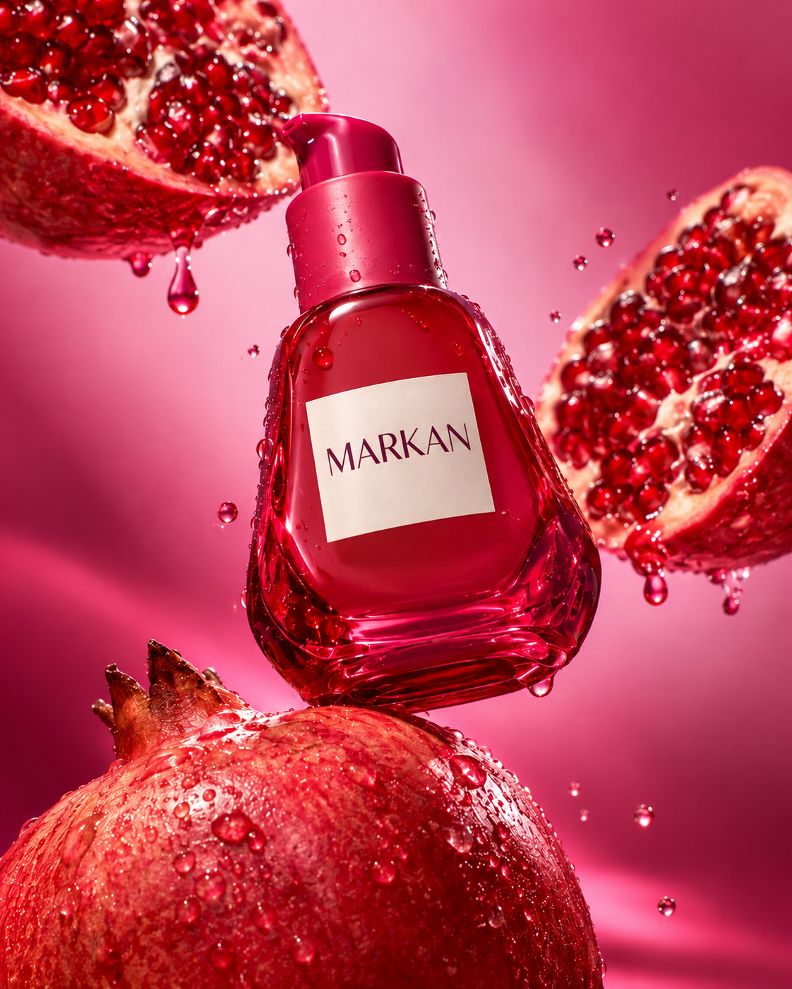 MARKAN baskılı serum, nar taneleri ve kırmızı cam deneyimi